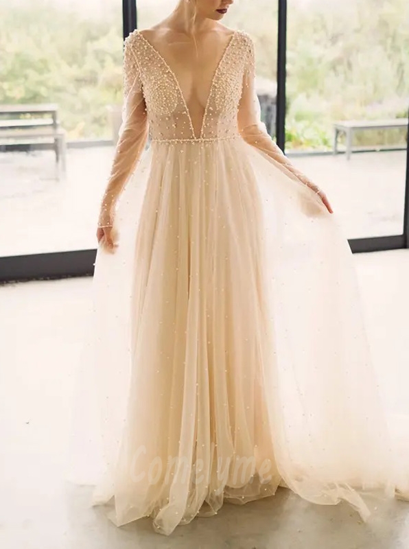 Light Champagne Illusion Neckline Pearl Wedding Dress With Sleeve 